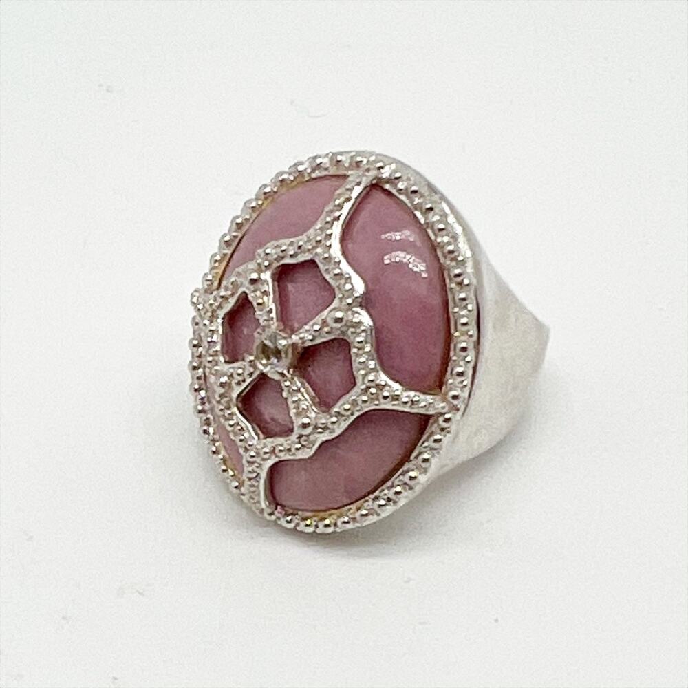 Sterling Silver 925 Large Rose Quartz and CZ Cocktail Ring Size 6.25